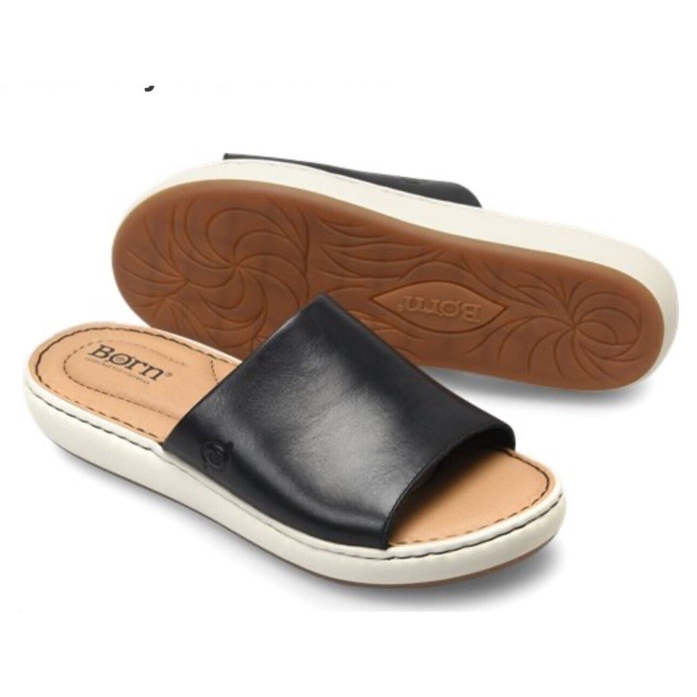 Born Womens‎ 10M Sandal Black 'Jill' Leather Slip-On Flatform Cushion Minimalist
